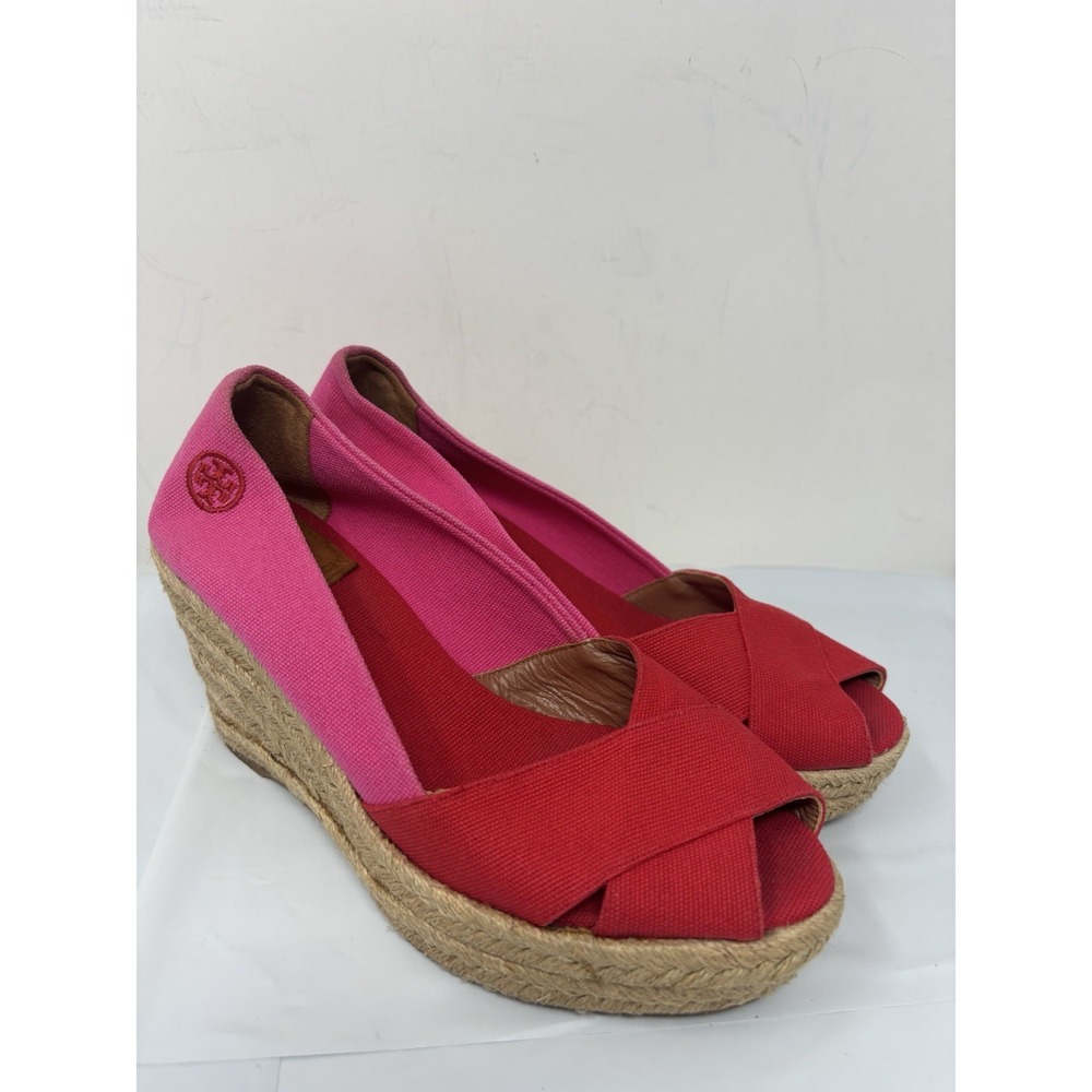 Tory Burch Filipa Colorblock Espadrilles Pink Red Wedge Heel Size 7B
